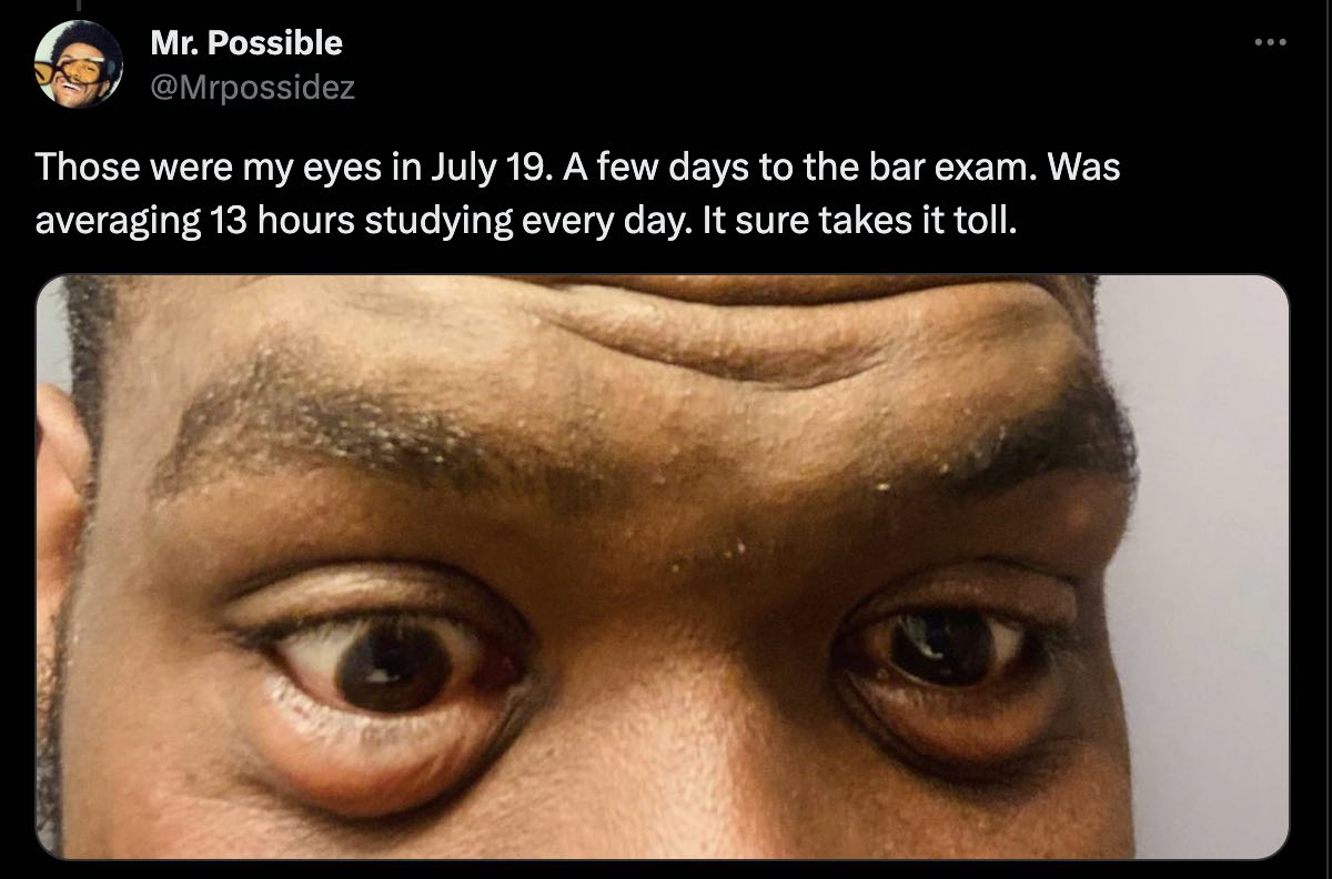Man shares condition of his eyes after studying 13 hours daily to pass bar exams